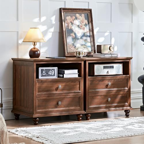 Joaxswe 24" Wide Farmhouse Nightstand with Charging Station, End Table with 2 Drawers, Brown Wood Dresser for Bedroom Cabinet, Bed Side Table Chest of Drawers, Night Stand for Living Room, Closet