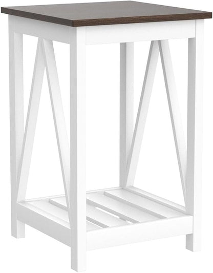 ChooChoo Farmhouse End Table, Rustic Vintage End Side Table with Storage Shelf for Small Spaces, Nightstand Sofa Table for Living Room, Bedroom White 2 Pack