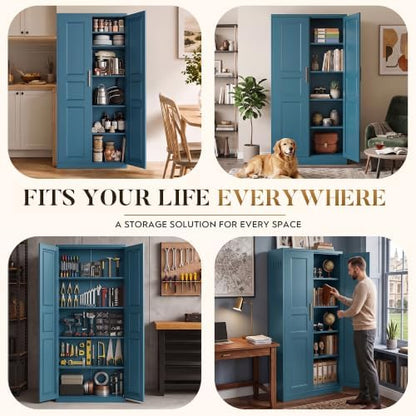 71” Metal Pantry Cabinet,Kitchen Pantry Storage Cabinets with Doors and 4 Adjustable Shelves,Tall Metal Storage Cabinet,Blue Pantry Cabinets Cupboard for Kitchen,Dining Room,Living Room and Bathroom