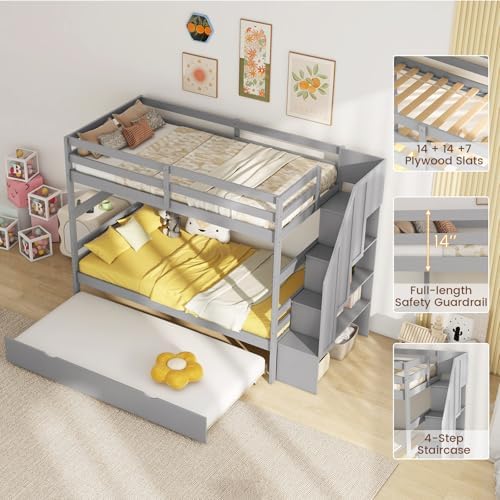 GIANTEX Bunk Bed Twin Over Twin with Trundle & Storage Stairs, Solid Wood Bunk Bed, Convertible to 2 Beds, Versatile Bunk Beds for Kids Teens Adults, Grey
