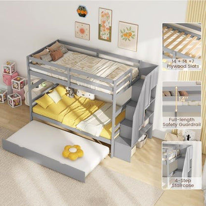 GIANTEX Bunk Bed Twin Over Twin with Trundle & Storage Stairs, Solid Wood Bunk Bed, Convertible to 2 Beds, Versatile Bunk Beds for Kids Teens Adults, Grey