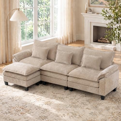 IPKIG 117" Modular Sectional Cloud Couch, Modern L-Shaped Sofa with Ottoman
