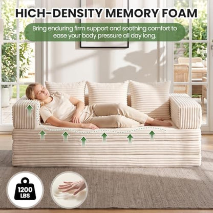 78" Convertible Sofa Bed Couch，Modular Corduroy Boneless Sofa with Removable Armrests Backrest，Folding Mattress Couch No Assembly Needed for Living Room,Apartment, Guest Room（Beige）