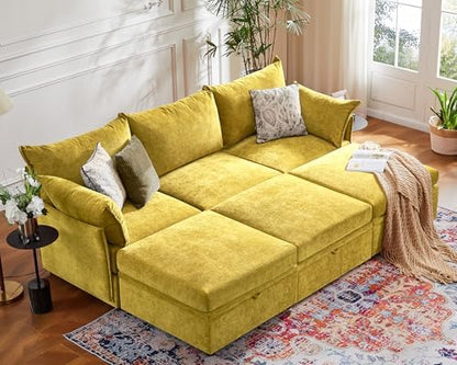 ABCASA 102.6" Modular Sleeper Sofa Bed, U Shaped Sectional Couch with Movable Stroage Ottoman, Large 6 Seat Couches for Living Room - Yellow Chenille