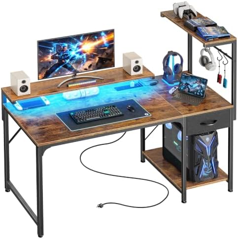 PRAISUN 47.2 Inch Gaming Desk with LED Lights & Power Outlets