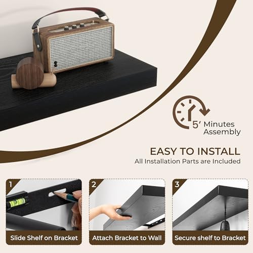 RICHFOCUS 72Inch Floating Shelves for Wall 1Pack, Black, 8" Deep