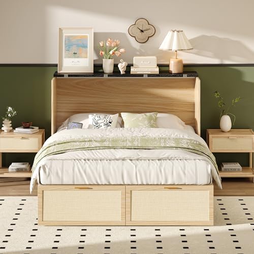 VINGLI Full Size Rattan Murphy Bed with Storage Drawer,2 Charging Station, Boho,Hideaway Paltform Panel Bed for Small Spaces,Guest Room,Office,Apartment, Space-Saving Cabinet Bed,Oak White