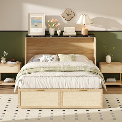 VINGLI Full Size Rattan Murphy Bed with Storage Drawer,2 Charging Station, Boho,Hideaway Paltform Panel Bed for Small Spaces,Guest Room,Office,Apartment, Space-Saving Cabinet Bed,Oak White