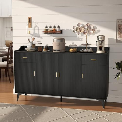 Black Sideboard Buffet Cabinet with Storage, 63" Fluted Sideboard