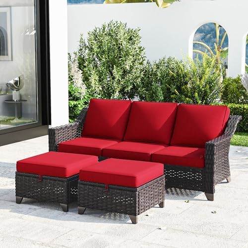 Joyside Patio Furniture Set, 3 Pieces Outdoor Wicker High Back Sofa with Ottoman and Comfy Cushions, Upgraded Large Size, All Weather High Back Conversation Set, (Brown/Red)