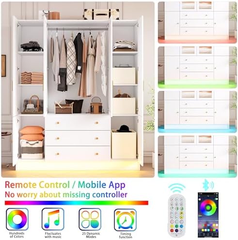 4 Doors LED Wardrobe Closet, 75" Tall Modern Armoire with Mirror & 3 Drawers, Wooden Armoire Wardrobe Closet for Bedroom, Hanging Rod, Freestanding Clothing Storage Cabinet, White