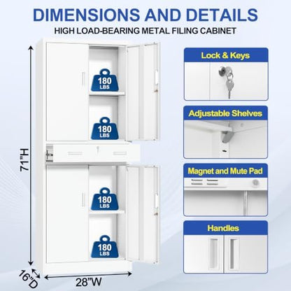 CJF 71" H Tall Metal Storage Cabinet with Drawer, Locking Garage Cabinet with 2 Adjustable Shelves, Heavy-Duty Tool File Storage Cabinets for Home Office, Kitchen, Warehouse, Shop (White)