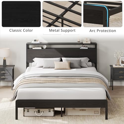 LIKIMIO Queen Bed Frame with 2-Tier Storage Shelf Headboard