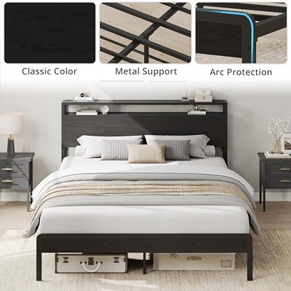 LIKIMIO Queen Bed Frame with 2-Tier Storage Shelf Headboard