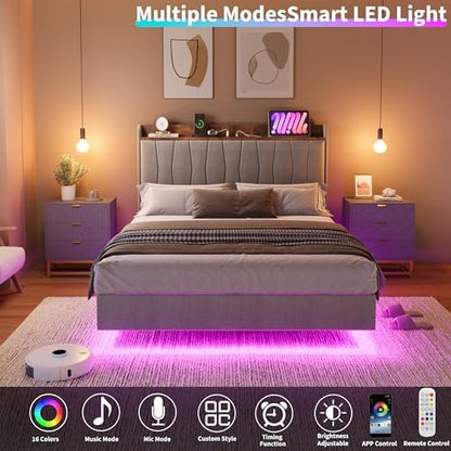 Floating Bed Frame Queen with LED, Upholstered Platform Bed with Headboard