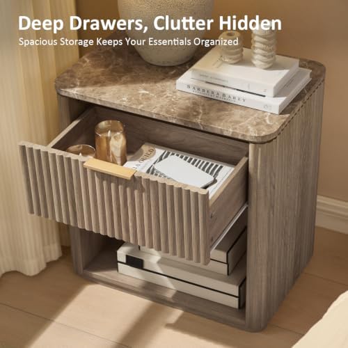 Curved Fluted Nightstand Set of 2 with Faux Marble Top, Natural Oak
