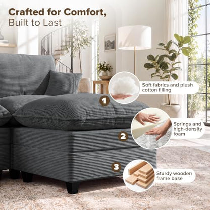 Oversized Cloud Couch Sectional, Deep Seat Modular Sofa with Ottoman, Grey