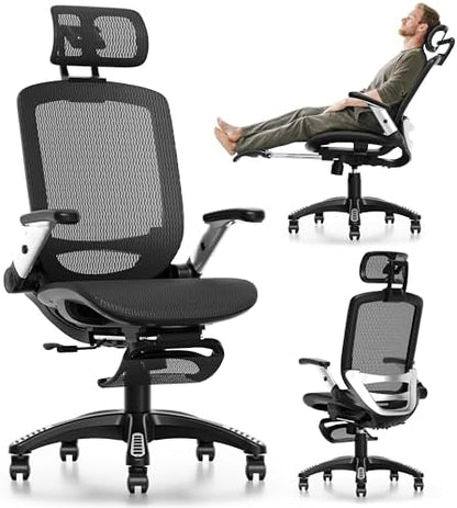 GABRYLLY Ergonomic Office Chair, High Back Home Desk Chair with Footrest,3D Headrest, Flip-Up Arms, 135° Tilt and Wide Cushion, Heavy Duty Mesh Chairs for Task Computer Gaming, Black