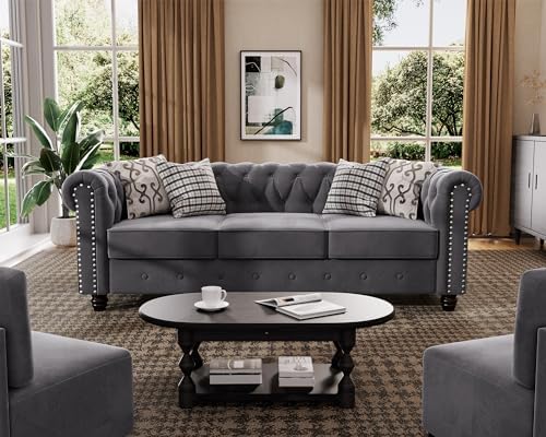 Morden Fort 3 Piece Classic Chesterfield Sofa Set, 2 Tufted Chairs & 3-Seater Sofa with Solid Wood Leg Thick Cushion, Pet-Friendly Couch Set Furniture for Living Room Bedroom Apartment, Velvet Grey