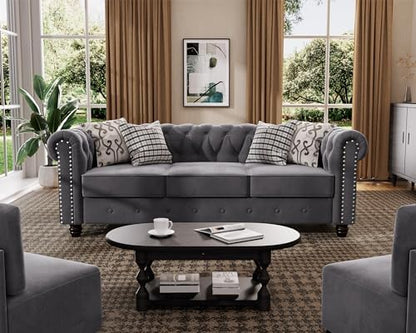 Morden Fort 3 Piece Classic Chesterfield Sofa Set, 2 Tufted Chairs & 3-Seater Sofa with Solid Wood Leg Thick Cushion, Pet-Friendly Couch Set Furniture for Living Room Bedroom Apartment, Velvet Grey