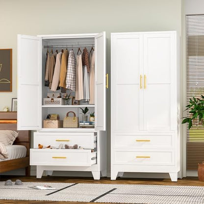 RIETERN Metal Armoire Wardrobe Closet, 71" Tall White Bedroom Closet