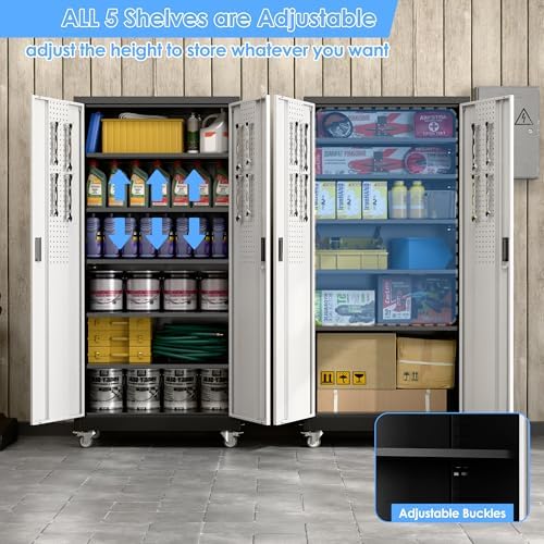 Metal Garage Storage Cabinets with Wheels,5 Adjustable Shelves 71"X34"X18"