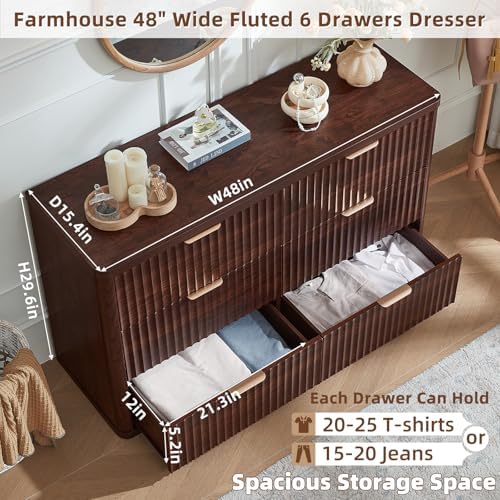 LEYAOYAO Fluted 6 Drawers Dresser for Bedroom Set of 2, 48" Wide Modern Chest of Drawers with Metal Handle, Walnut Curved Profile Farmhouse Closet Organizer Wood Dressers TV Stand for Living Room