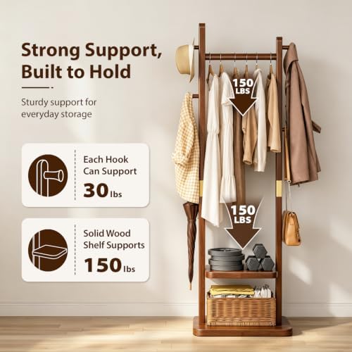 Solid Wood Coat Rack, Freestanding Clothing Rack with 2 Shelves Storage & 5 Hooks, Heavy Duty Clothes Rack Stand for Hall, Bedroom, Living Room