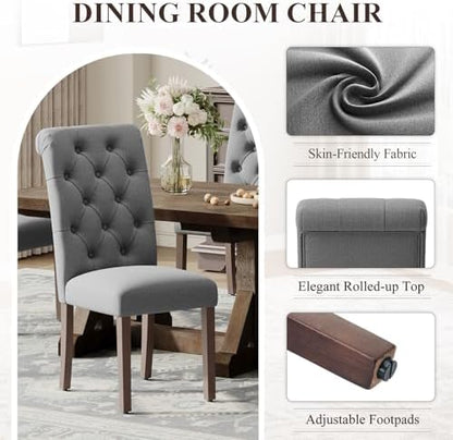 MALOL Upholstered Tufted Dining Room Chairs Set of 4, Parsons Kitchen Chairs with Padded Seat and Solid Wood Legs, Fabric Accent Side Diner Chair for Dining Room/Kitchen/Living Room, Grey