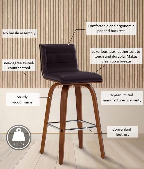 Vienna 26" Swivel Counter Stool in Walnut Wood Finish with Brown Faux Leather - Set of 2