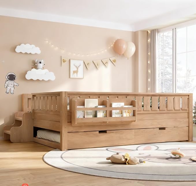 Bellemave Full Size Kids Bed with high Rails and with Built-in Bookshelf and Trundle for Kids, Girls, Boys, Wood Montessori Bed Without Door, Natural