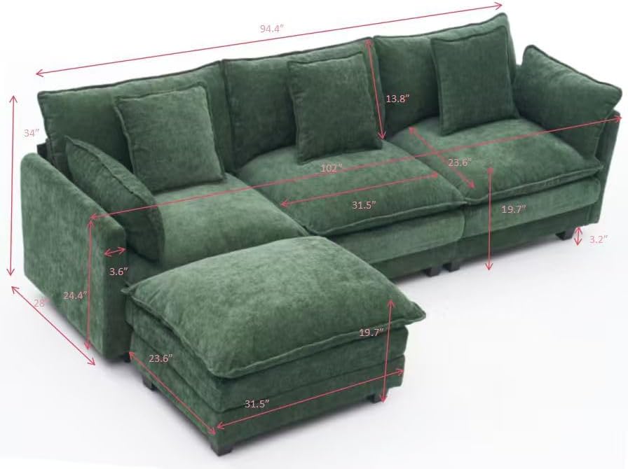 Modern 102" L Shaped Sectional Sofa Cloud Couch, Comfy Chenille Modern Modular Sleeper Sofa, Upholstery Sofa with Ottoman & Memory Foam for Living Room, Green