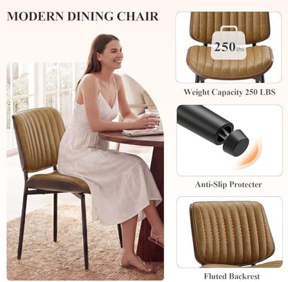 MALOL Leather Dining Chairs Set of 6, Modern Upholstered Dining Room Kitchen Chairs with Metal Legs and Wooden Back Support for Home Dining Room/Restaurant, Light Brown