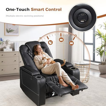 ANJ Faux Leather Power Recliner with USB & Cup Holders, Black