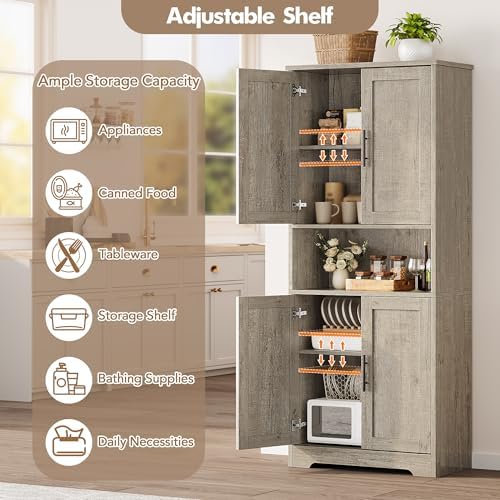 GarveeHome Tall Storage Cabinet, 70 in Kitchen Pantry Cabinet with Doors and Adjustable Shelves, Rustic Wooden Cupboard for Dining Room, Living Room,Gray