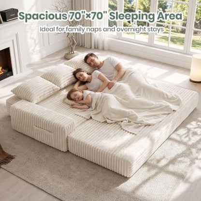 70" Convertible Sofa Bed, Corduroy Boneless Couch with Pocket