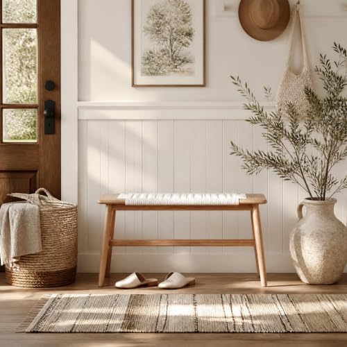 31.5'' Woven Dining Beach with 100% Solid Oak Wood Bench Frame, Hand Knitted Rope Designed Bed End Shoe Bench for Kitchen Bedroom Entryway, White