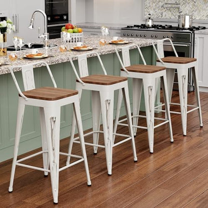 24" Barstools Set of 4 Counter Height Bar Stools Chair-Distressed White