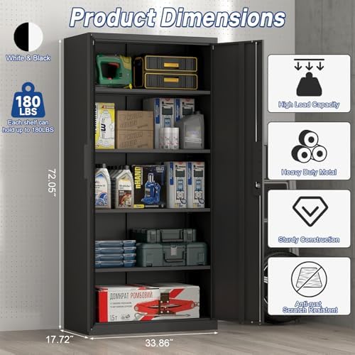 72''H Garage Storage Cabinet with Lock, 18'' Deep Metal Storage Cabinets with Doors and 4 Adjustable Shelves, Steel Locking Cabinet, Tool Cabinet for Laundry Room, Garage, Home Office, Black