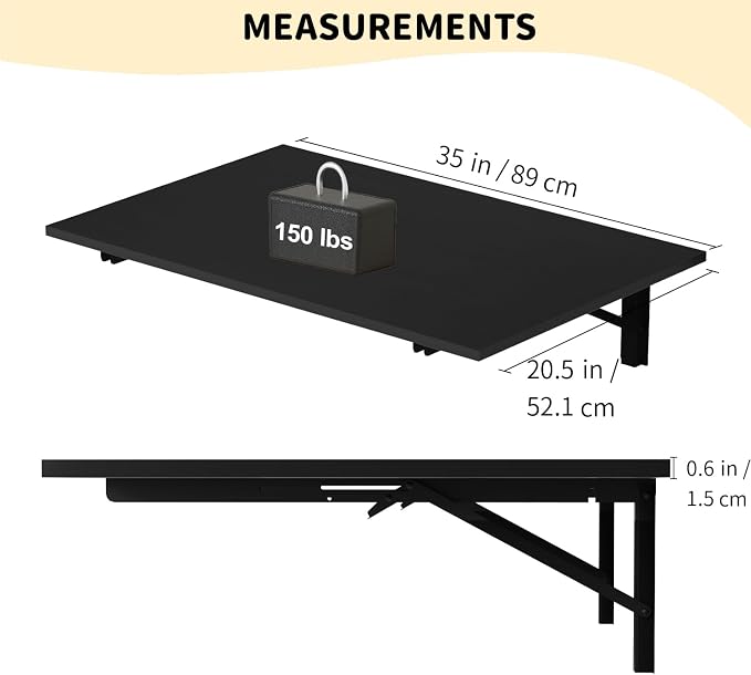 GOYLSER Wall Mounted Desk Folding Table Laundry Fold Table, Fold Down Work Bench, Foldable Mount Station for Floating Bar, Office, Dining Room, Kitchen, Black, 35" x 20.5"
