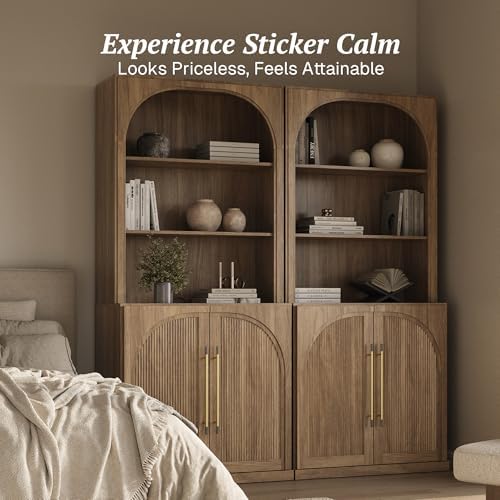 BELLEZE Storage Cabinet with Hutch Set of 2, 72" Tall Modern Wood Sideboard with 3-Tier Shelves, Curved Styling Door Cabinet Curio Cabinet for Office, Study, Kitchen, Living Room, Camel