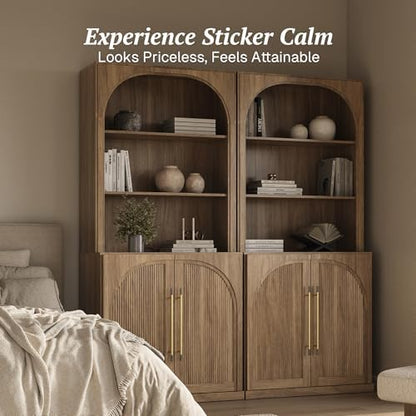 BELLEZE Storage Cabinet with Hutch Set of 2, 72" Tall Modern Wood Sideboard with 3-Tier Shelves, Curved Styling Door Cabinet Curio Cabinet for Office, Study, Kitchen, Living Room, Camel
