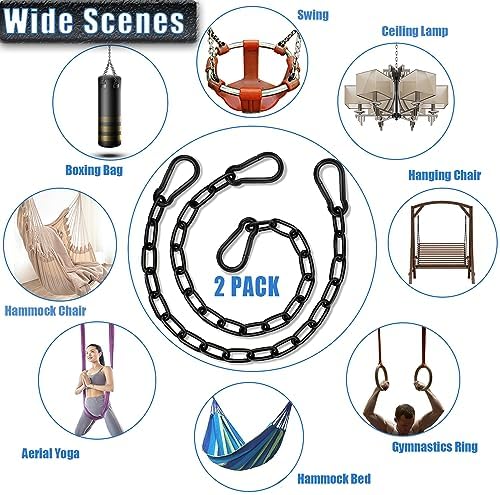 4 Pack Hanging Swing Chain with 8 Carabiners 25.6in, 660LB Capacity Heavy Duty Hammock Hardware Kit for Punching Bags, Swing Chairs, Indoor & Outdoor Gym (Black, 25.6in, 4pcs)