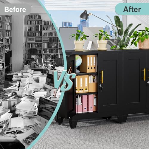 pozdeg Metal Storage Cabinet with 2 Doors, 35.8" H Steel Metal Locker Storage Cabinet with 2 Adjustable Shelves, Versatile Storage Buffet Sideboards for Home Office Garage or Gym (Black)