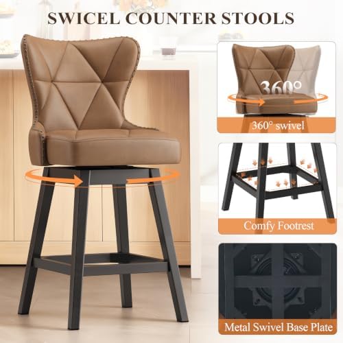 MALOL Swivel Counter Height Bar Stools Set of 4, Tall Faux Leather Barstools, Modern Bar Chairs with Solid Back and Wood Legs for Kitchen Island，Brown