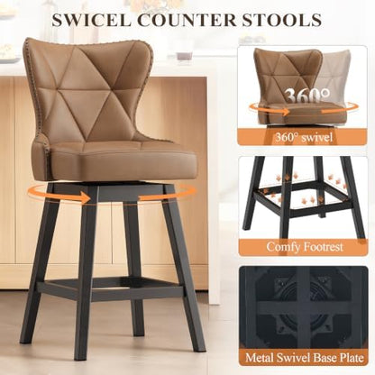MALOL Swivel Counter Height Bar Stools Set of 4, Tall Faux Leather Barstools, Modern Bar Chairs with Solid Back and Wood Legs for Kitchen Island，Brown