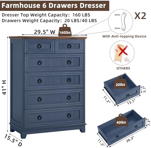 Joaxswe Farmhouse 6 Drawer Dresser for Bedroom, 41" Tall Small Dressers & Chest of Drawers, Rustic Wood Dresser with Metal Handle, Storage Organizer Closet for Living Room, Hallway, Entryway