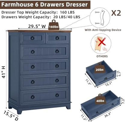 Joaxswe Farmhouse 6 Drawer Dresser for Bedroom, 41" Tall Small Dressers & Chest of Drawers, Rustic Wood Dresser with Metal Handle, Storage Organizer Closet for Living Room, Hallway, Entryway
