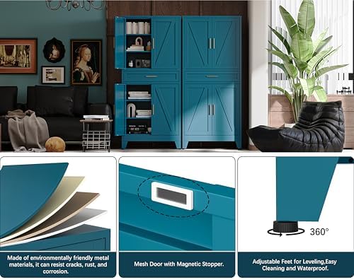 71"H Metal Kitchen Pantry Cabinet with Drawers,Blue Kitchen Storage Cabinets with Doors,Farmhouse Pantry Food Storage Cabinets,Tall Pantry Cabinets,Large Freestanding Cabinets for Dining Room