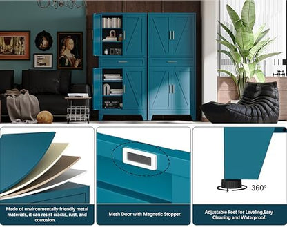 71"H Metal Kitchen Pantry Cabinet with Drawers,Blue Kitchen Storage Cabinets with Doors,Farmhouse Pantry Food Storage Cabinets,Tall Pantry Cabinets,Large Freestanding Cabinets for Dining Room